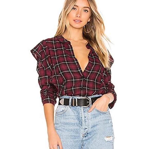 BCBGeneration Tops - BCBGeneration Plaid Ruffle Shirt Red Black M NWOT